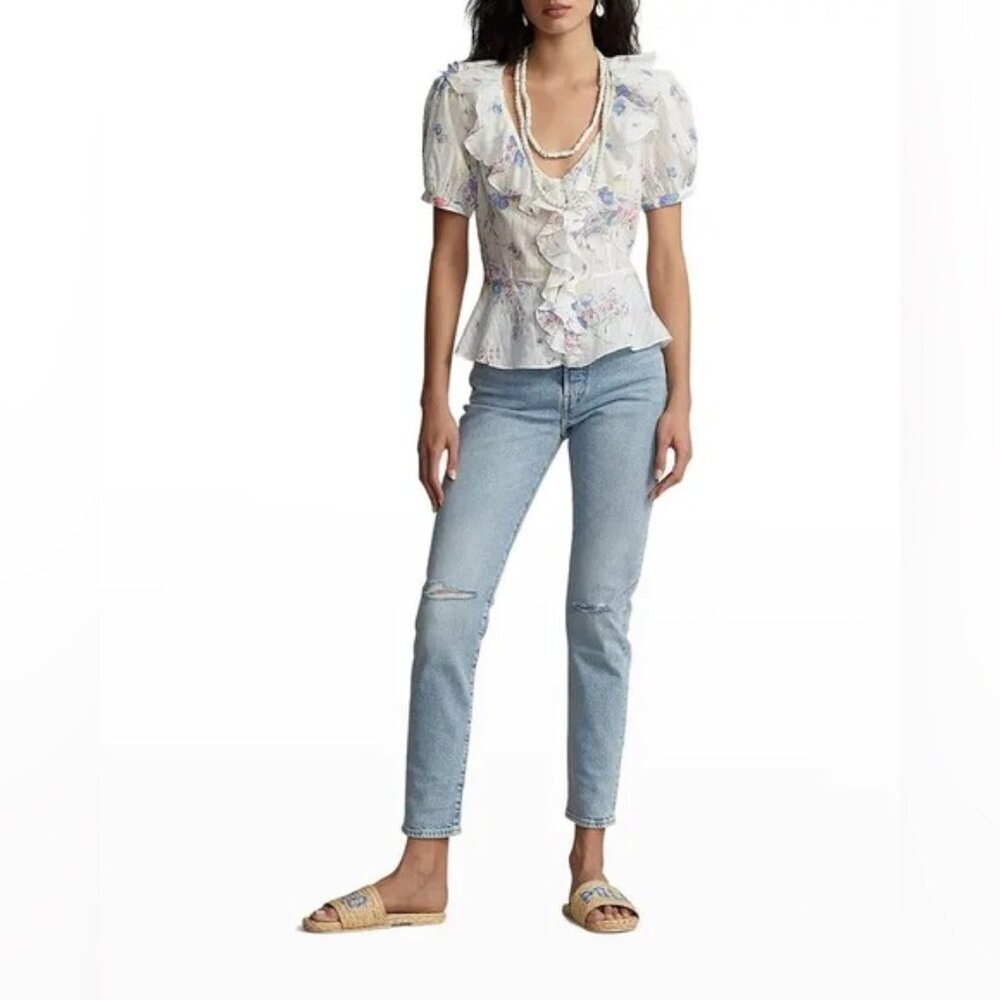 NWT POLO RALPH LAUREN Ruffled Floral Cotton Blouse puffed sleeves OYBFL Size 8